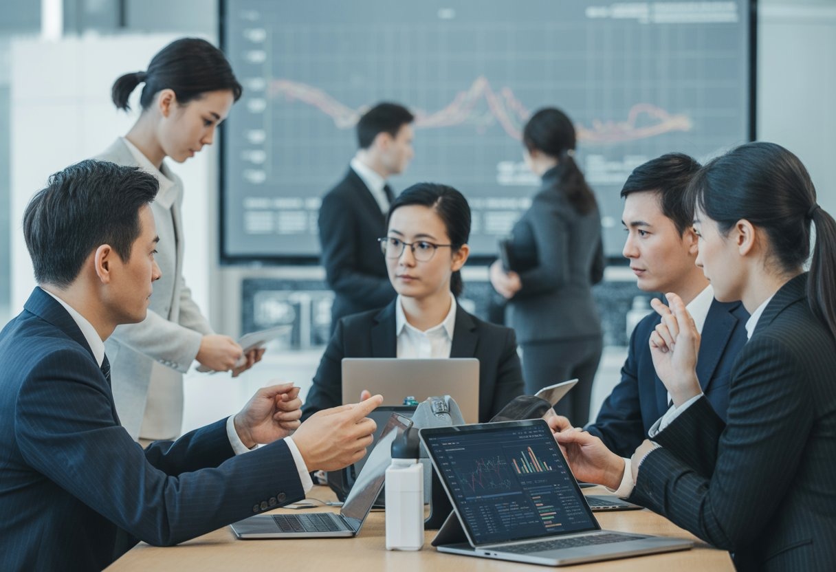 Business professionals in a modern office discussing livestream selling compliance with digital devices and charts.