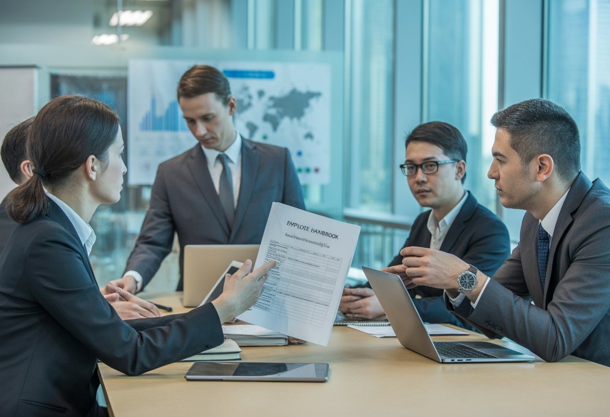A group of business professionals in a modern office meeting around a table with laptops and documents, discussing work-related matters.