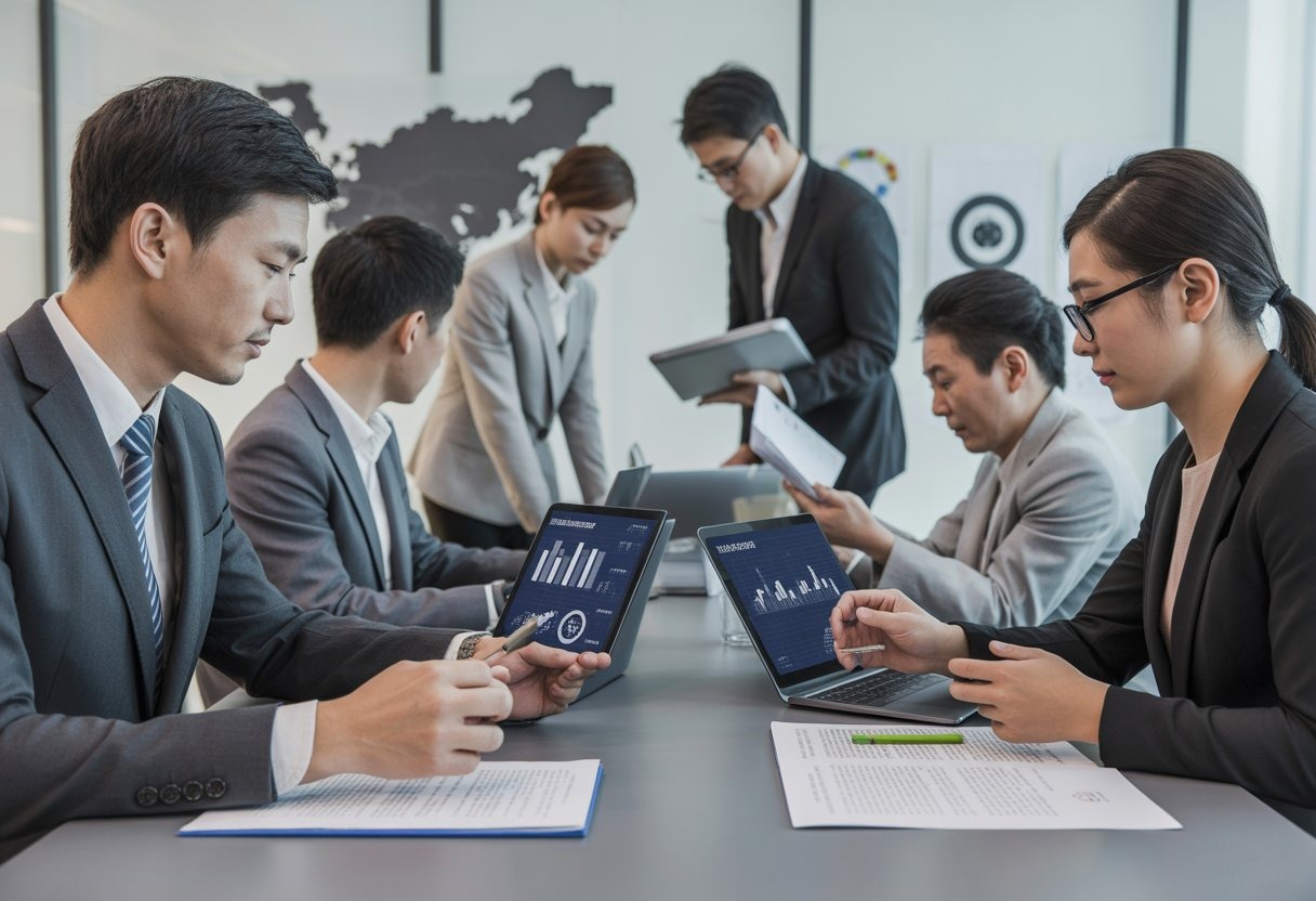 A group of Asian professionals in a modern office meeting, reviewing documents and digital devices around a conference table.
