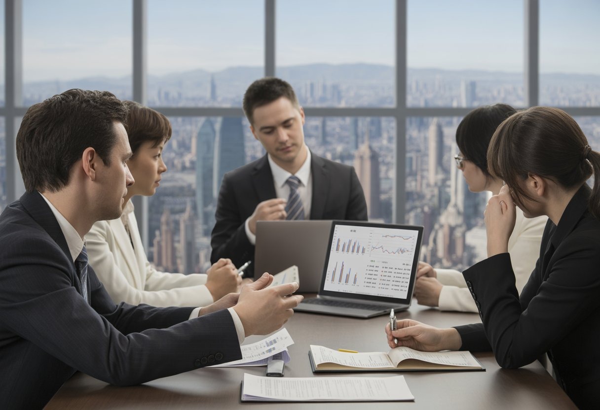 Business professionals in an office discussing financial documents with a city skyline visible through large windows.