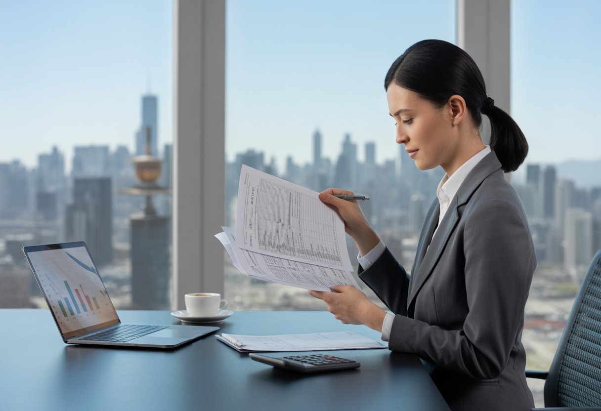 A business professional in an office reviewing documents with a city skyline visible through a large window.