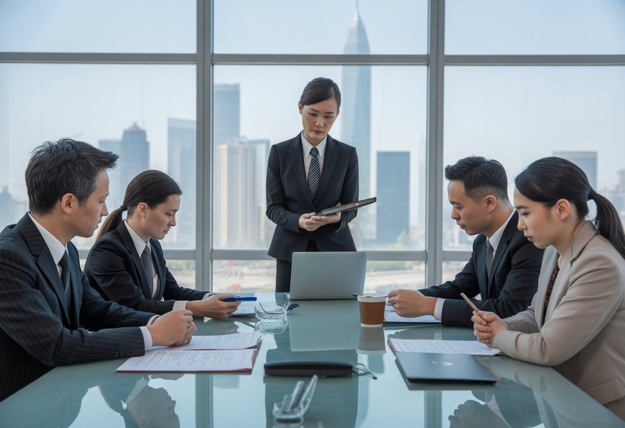 Business professionals in a modern office reviewing documents with a city skyline visible through a large window.