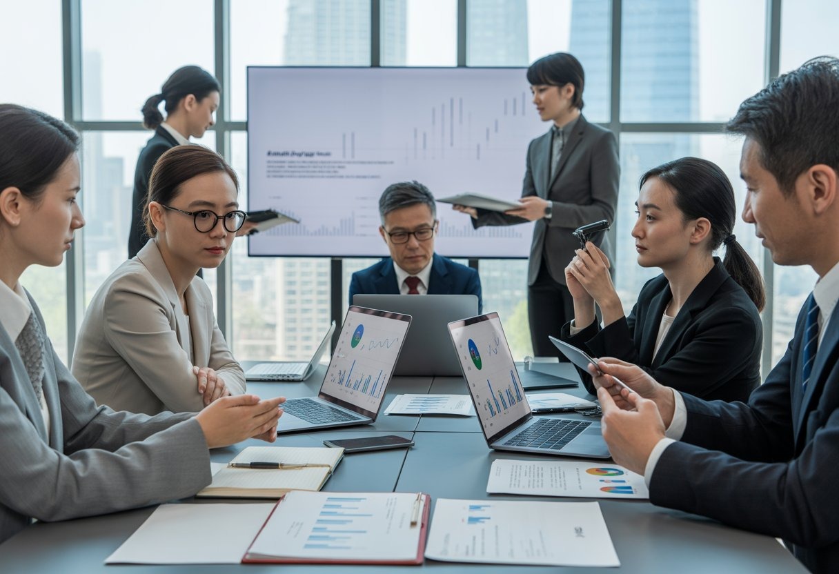 Business professionals in a modern office meeting, reviewing financial documents and data on laptops, with a cityscape visible through large windows.