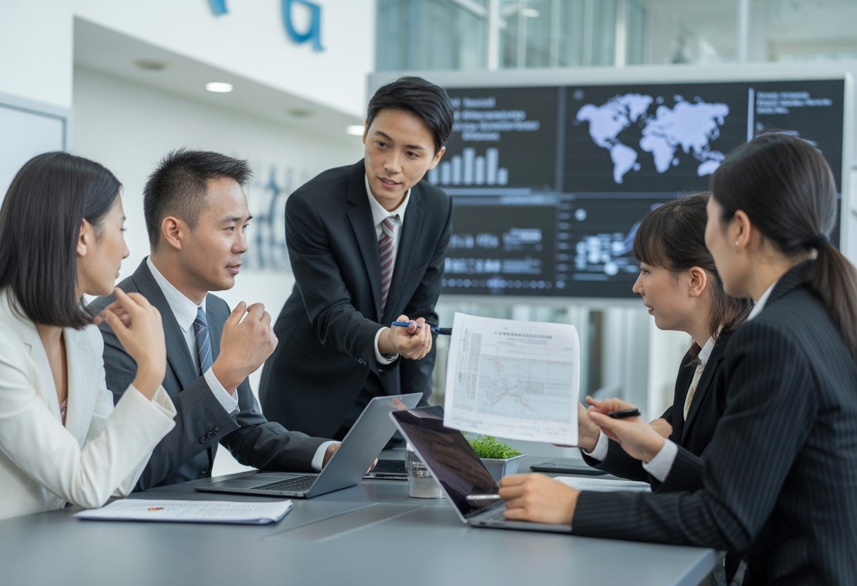 Business professionals discussing documents and digital devices around a conference table in a modern office with a world map highlighting China in the background.
