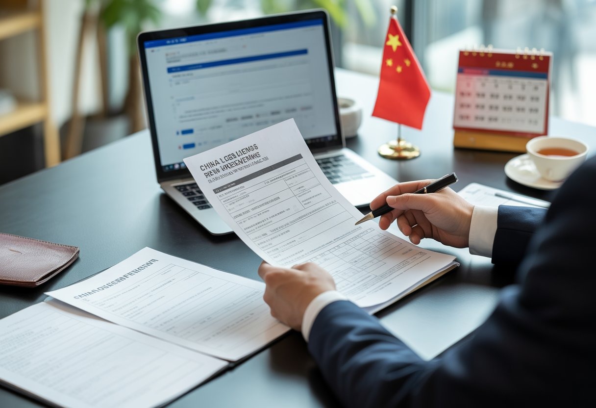 Hands of a business professional reviewing official documents at a desk with a laptop and a small Chinese flag nearby.