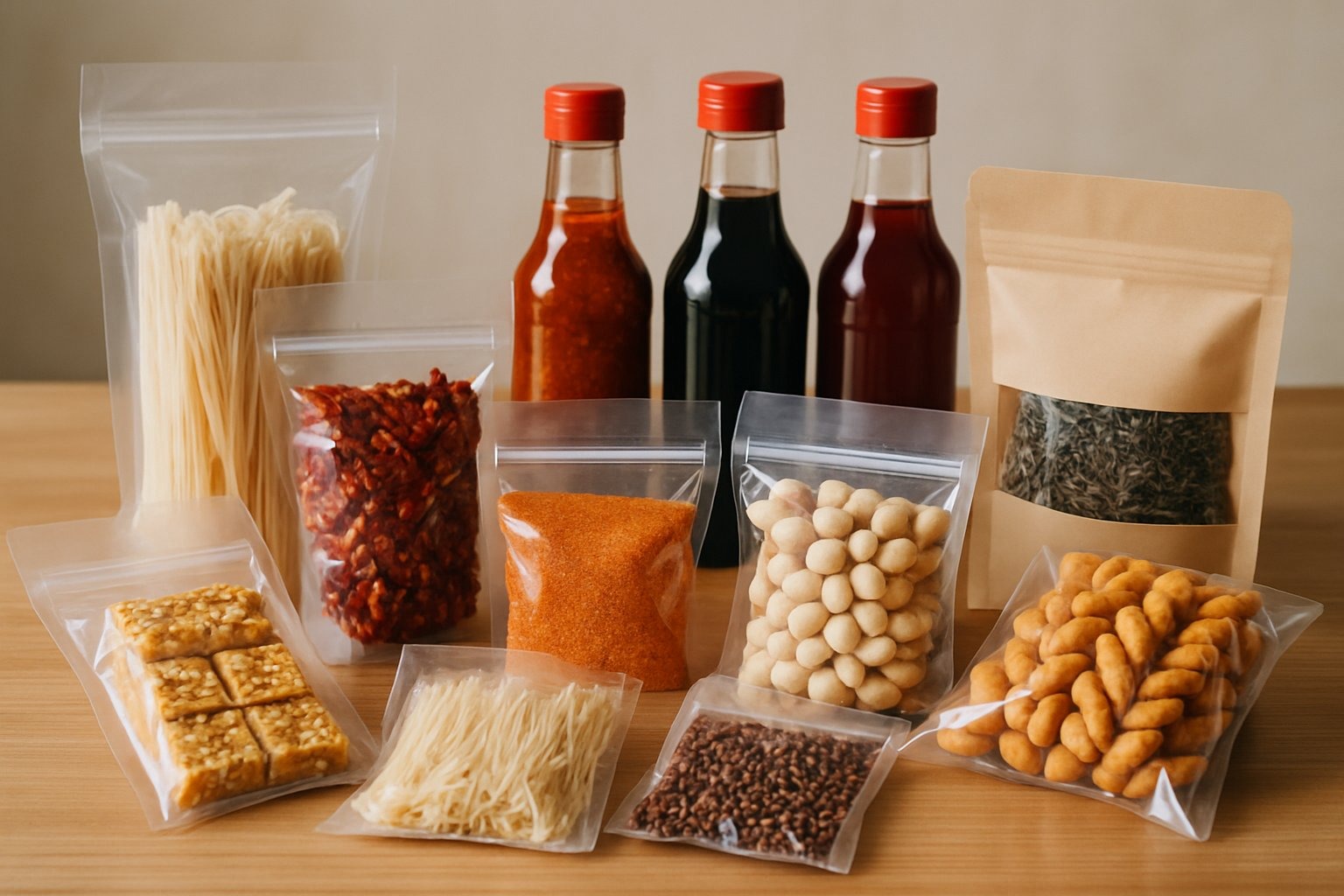 An assortment of packaged foods and ingredients imported from China displayed on a wooden table, including dried noodles, spices, sauces, tea leaves, and traditional snacks.