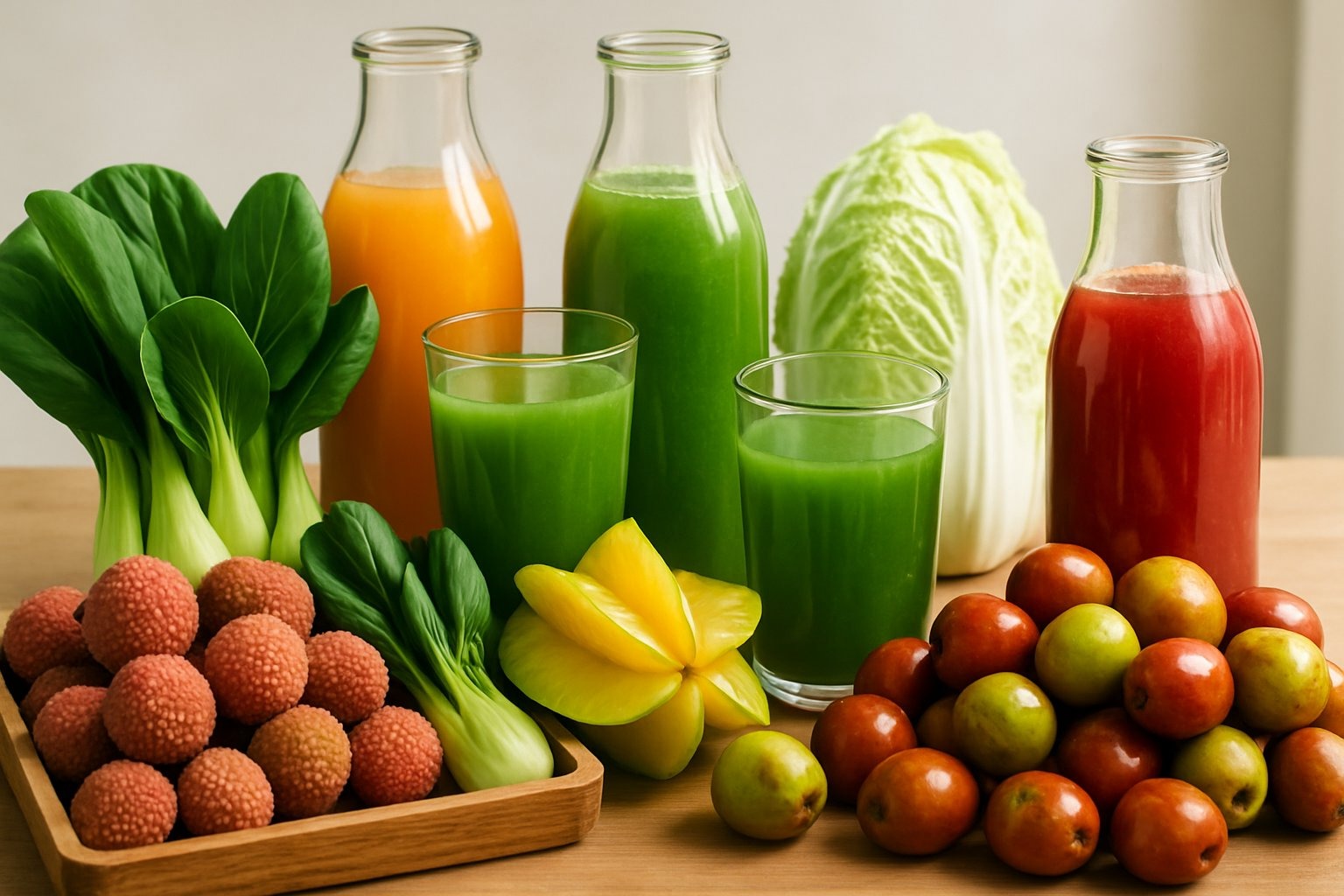 A display of fresh Chinese fruits and vegetables alongside bottles and glasses of freshly pressed juices.