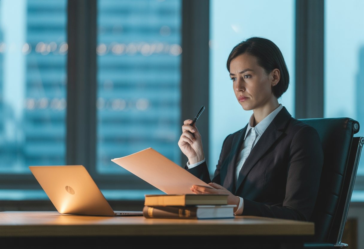 A Chinese human rights lawyer sitting alone at a desk in an office, holding legal documents and looking thoughtful.