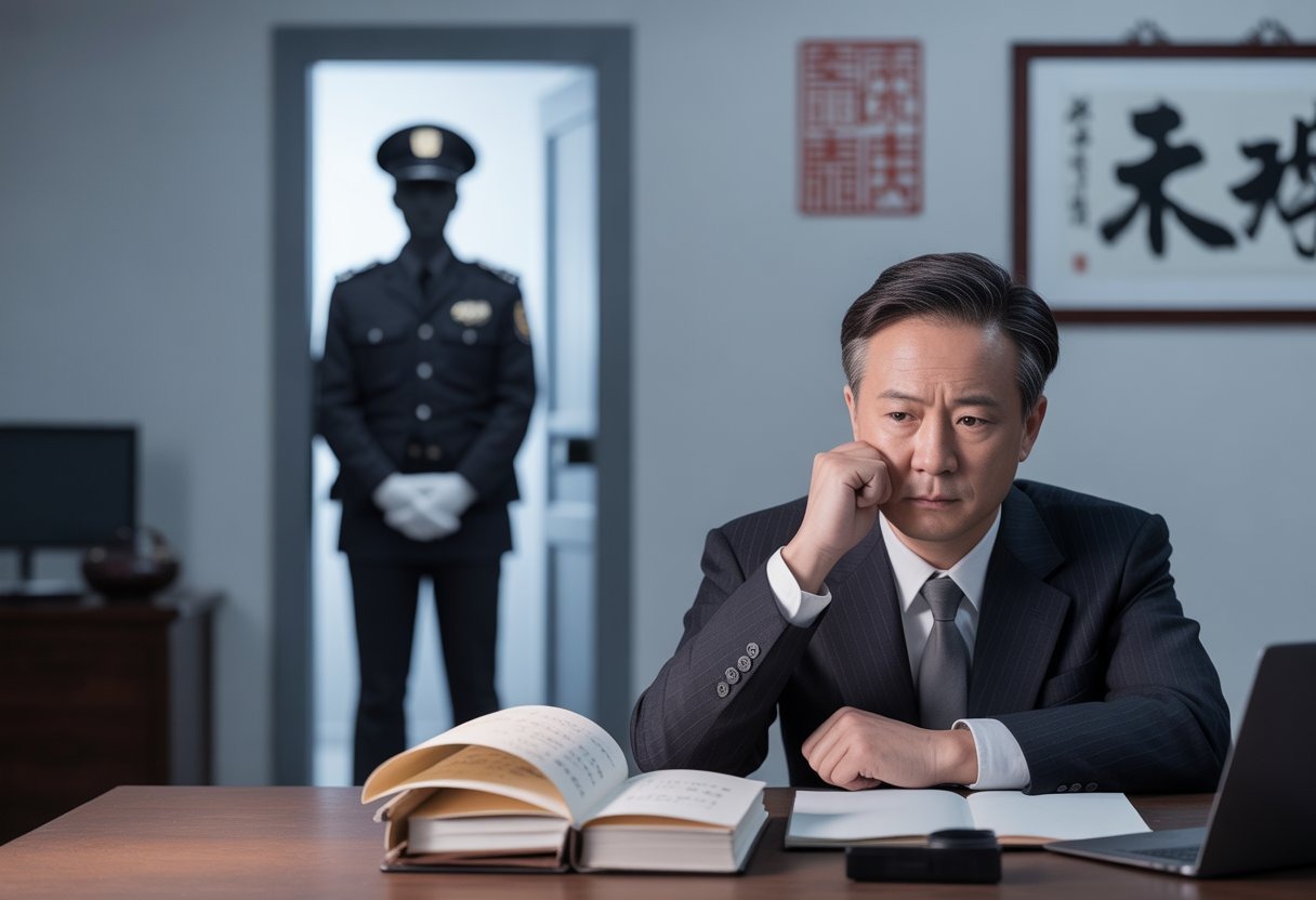 A Chinese lawyer sitting at a desk with legal documents, looking serious, while a uniformed officer stands near a closed door in a tense office setting.