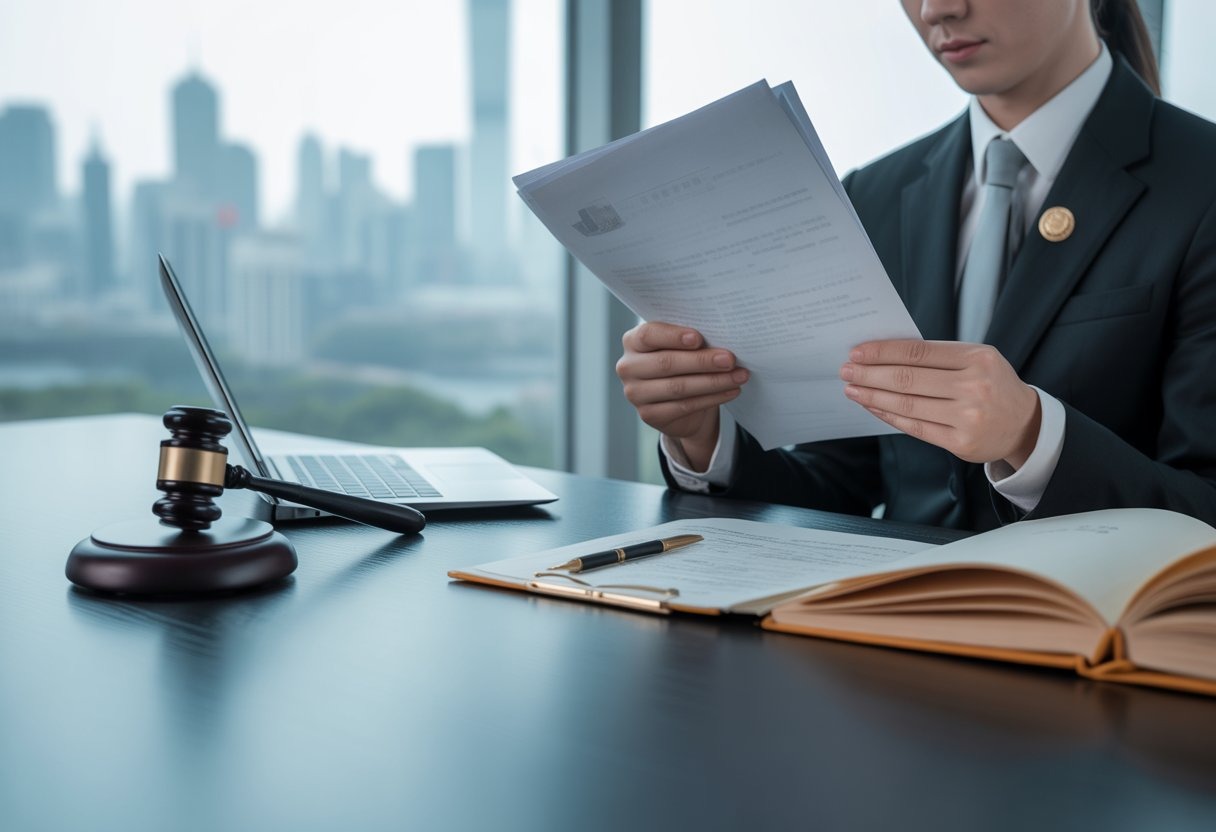 A Chinese government official reviewing legal documents at a desk with a gavel and legal books, with a modern cityscape in the background.