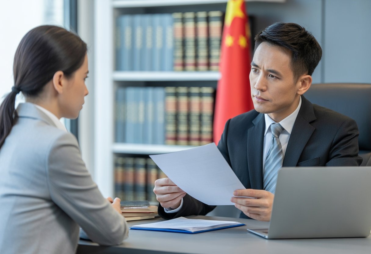 A lawyer and a client having a serious discussion in a modern office with legal documents on the desk.