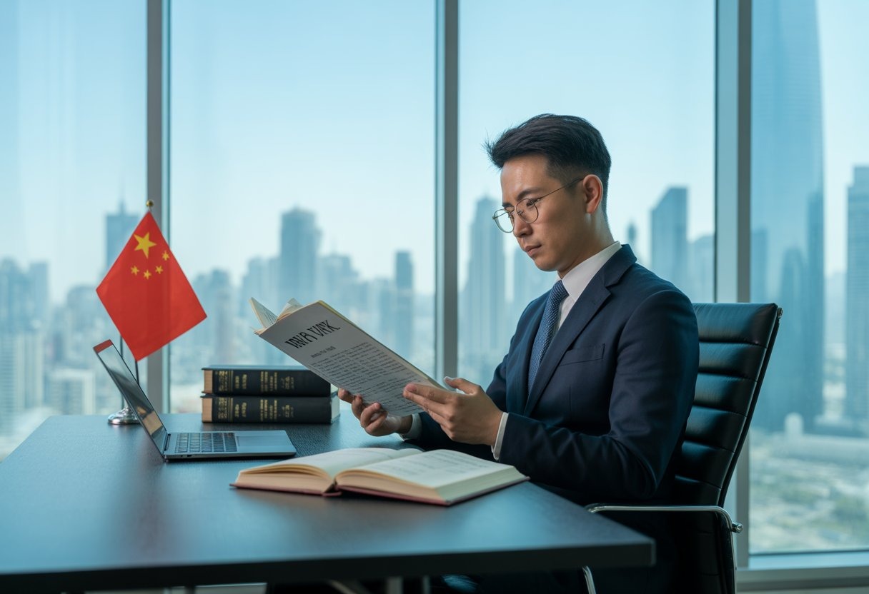 An Asian male lawyer in a business suit reviews legal documents in a modern office with a city view and a Chinese flag in the background.