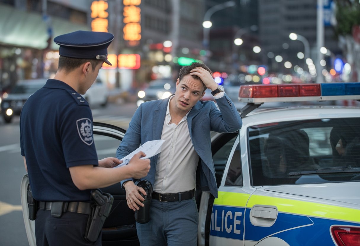 A foreign man being questioned by a Chinese police officer on a city street at night, near a police car.