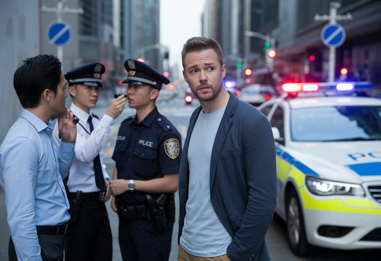 A nighttime street scene in a Chinese city showing police officers conducting breathalyzer tests on drivers, including a concerned Western man near a police car with flashing lights.