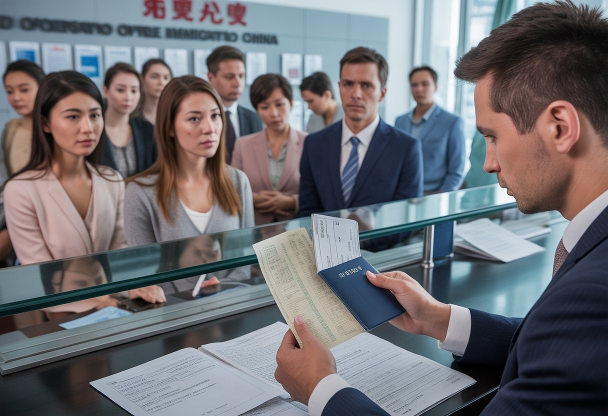 People waiting at an immigration office in China as an officer reviews visa documents.