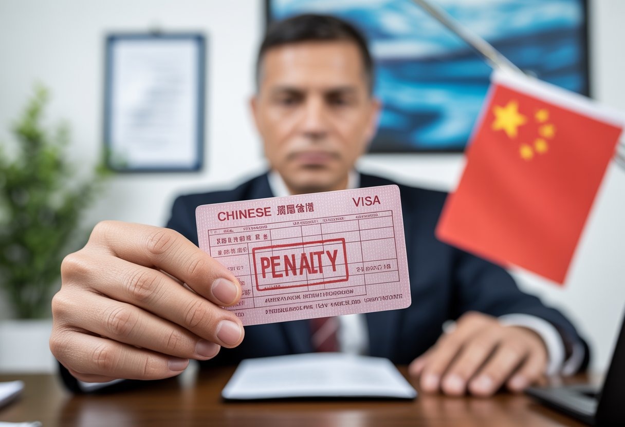 Close-up of an official holding a Chinese visa with a penalty stamp in an immigration office setting.