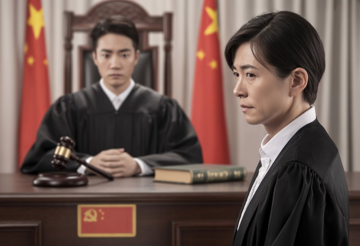 A courtroom scene in China showing a judge and a person standing before the bench during a legal proceeding.