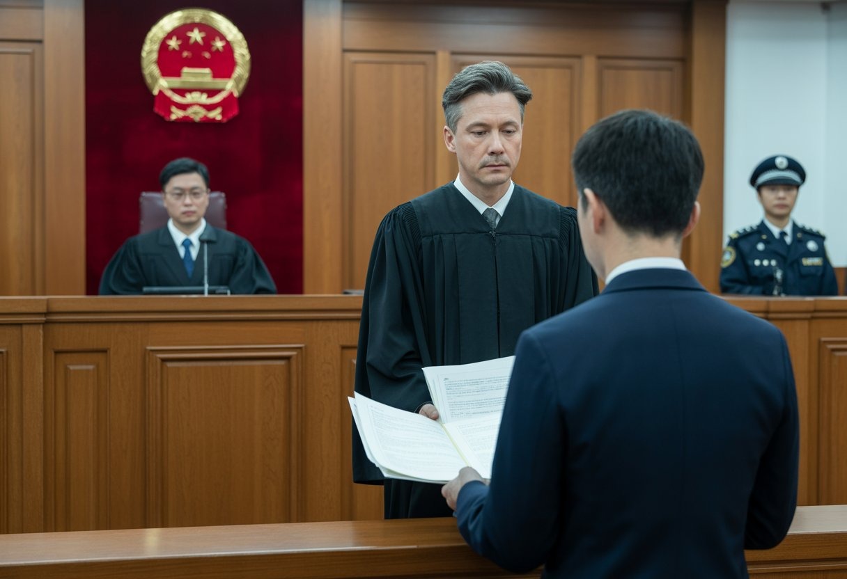 A courtroom scene in China with a judge, defendant, lawyer, and police officer during a drug possession sentencing hearing.