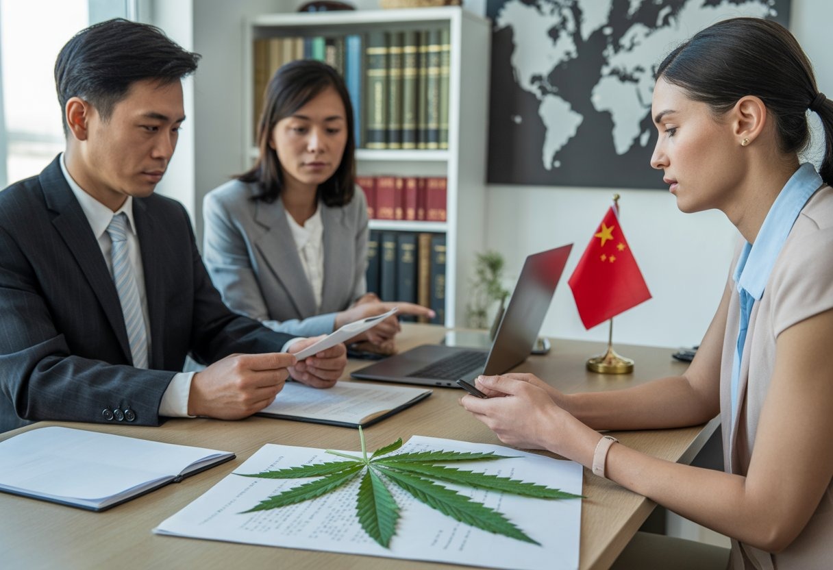 Two professionals, an Asian man and a foreign woman, discussing legal documents in an office with a small Chinese flag and a world map in the background.