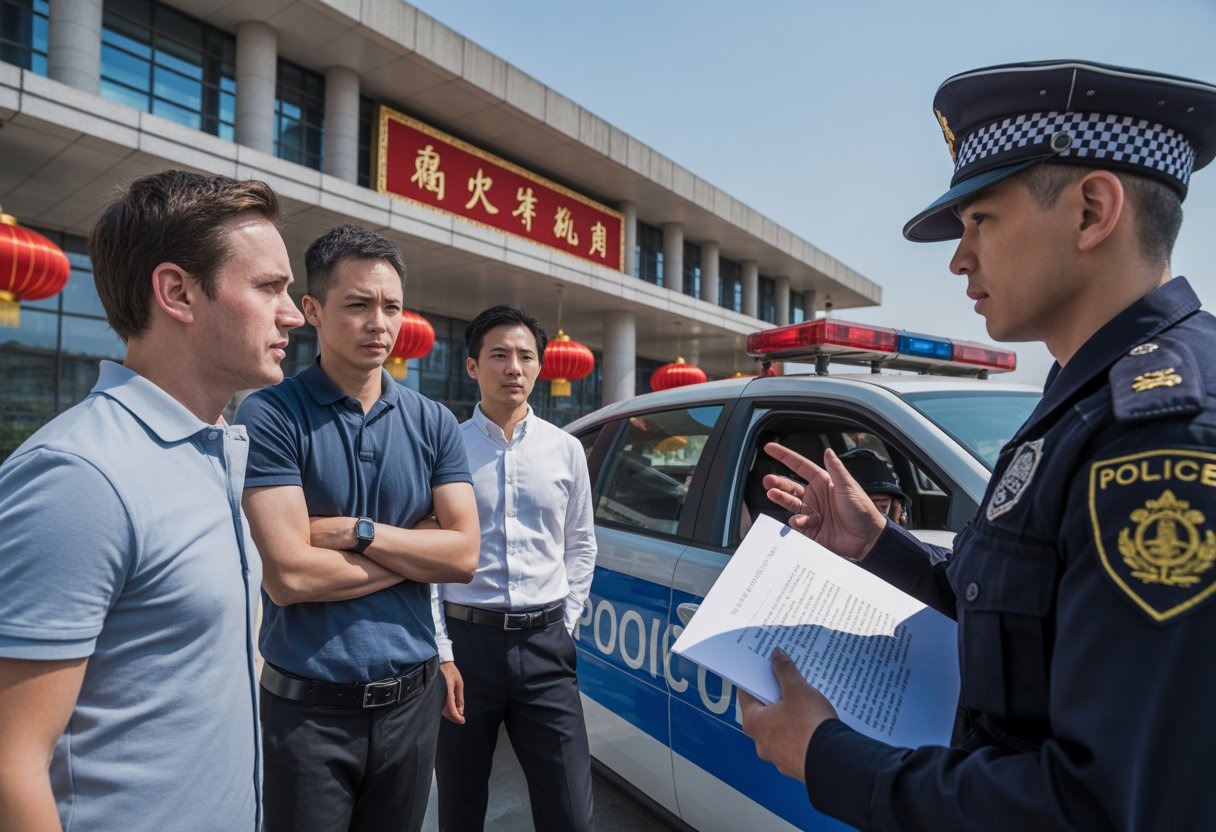 A foreign man speaking with a Chinese police officer outside a government building in China, with a police vehicle nearby.