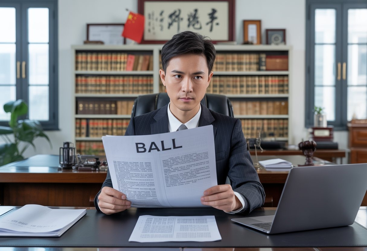 A Chinese criminal lawyer in a formal suit sitting at a desk in a modern office reviewing legal documents.