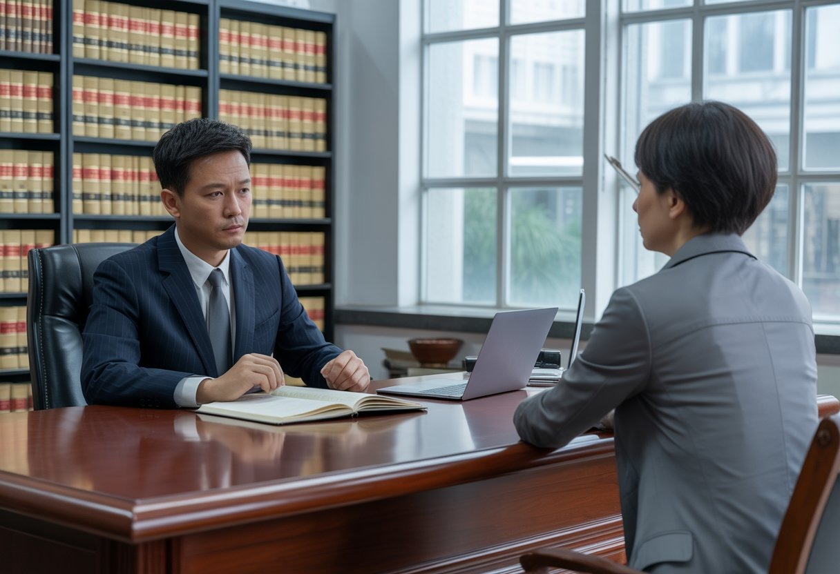 A Chinese criminal lawyer consulting with a client in a modern law office, surrounded by legal books and documents.