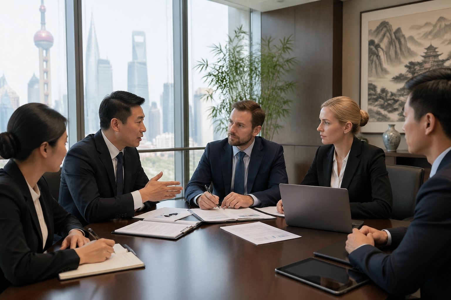 Business professionals meeting around a conference table in a modern office, reviewing documents and discussing agreements.