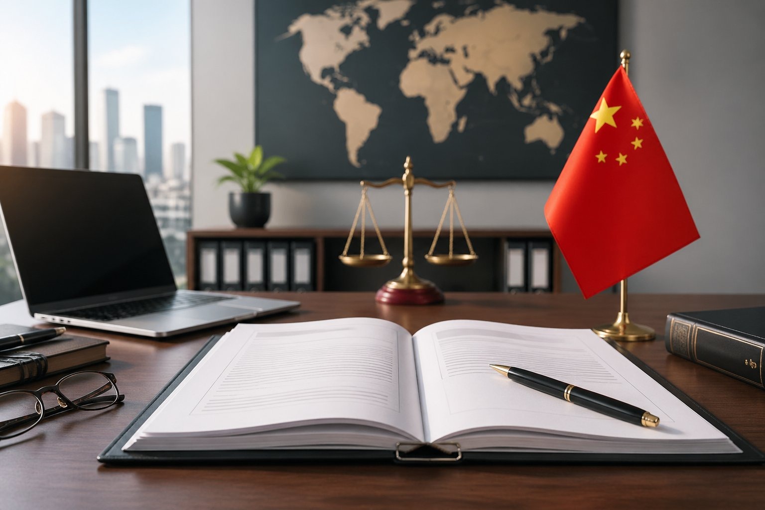 Close-up of a desk with a contract, pen, laptop, and a small Chinese flag in a modern office setting.