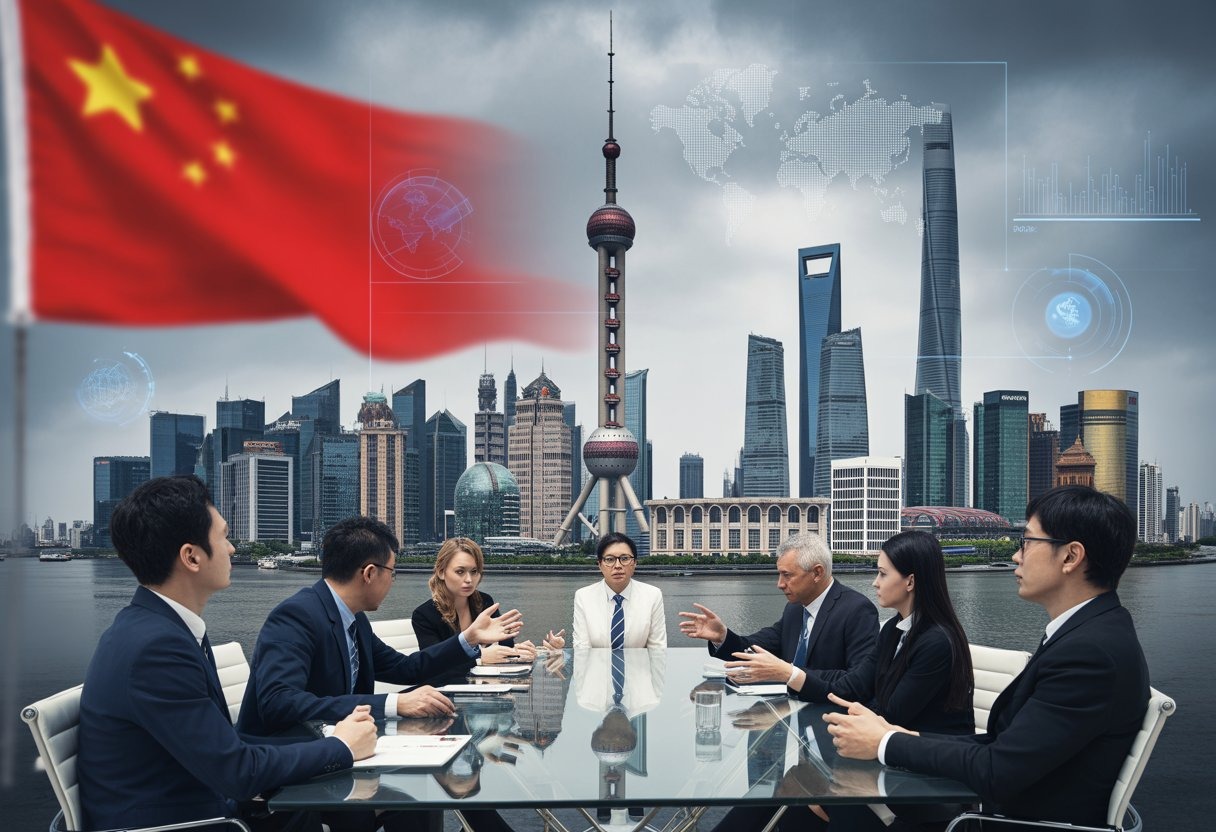 Business professionals discussing investment risks with a Shanghai cityscape in the background under an overcast sky.