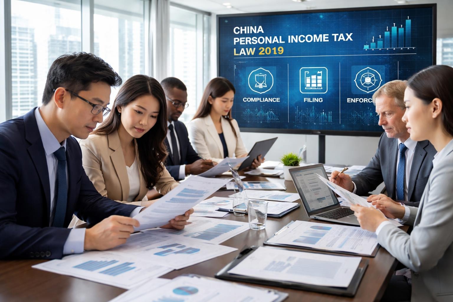 Business professionals reviewing financial documents and tax forms in a modern office setting.