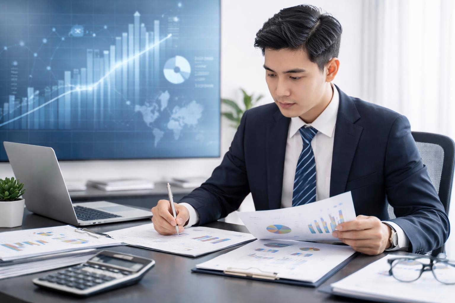 An Asian business professional reviewing financial documents and charts in a modern office with digital financial graphs displayed in the background.