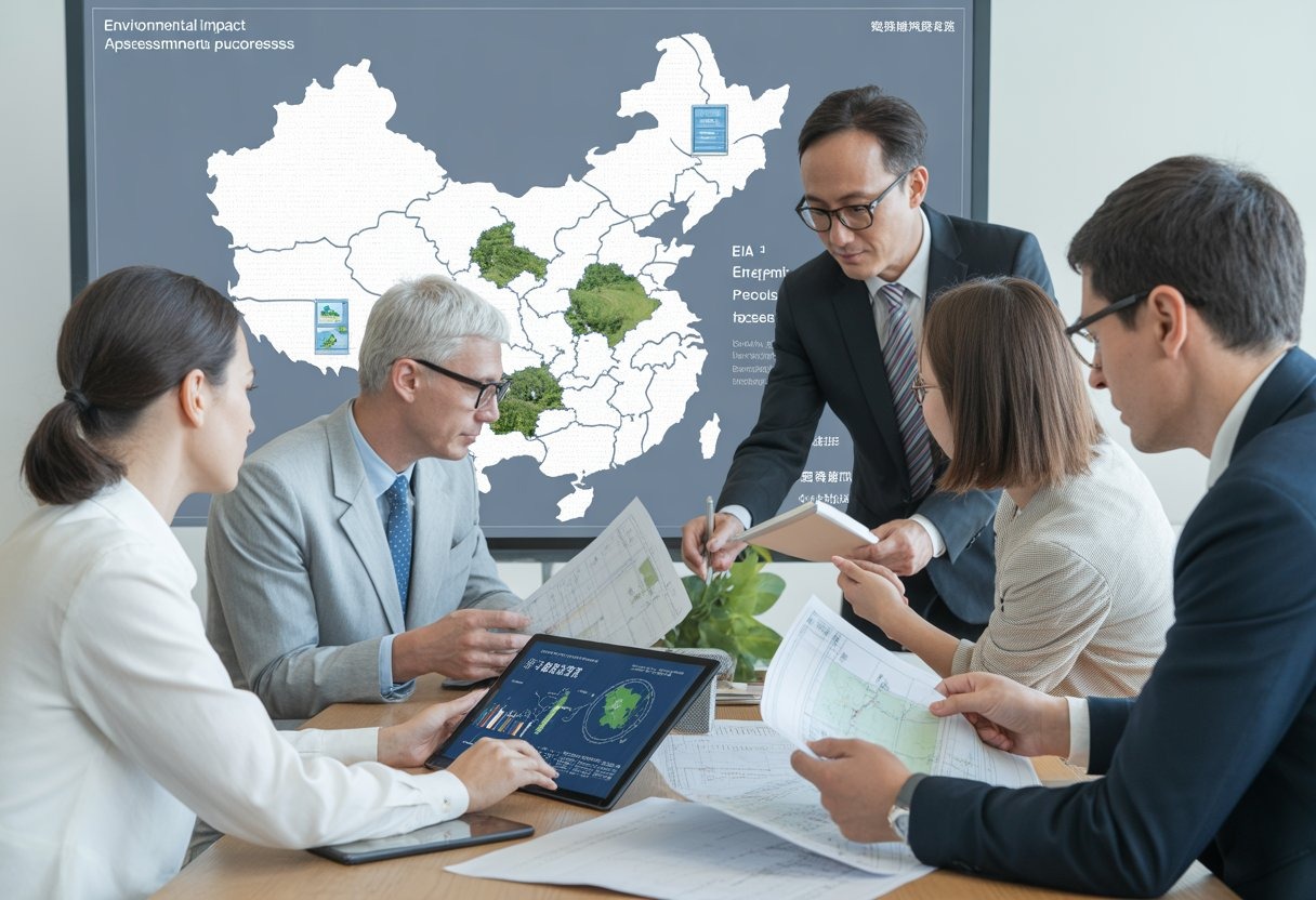 A group of professionals in an office reviewing documents and digital data related to China's environmental permit process, with a map of China displayed on a screen in the background.