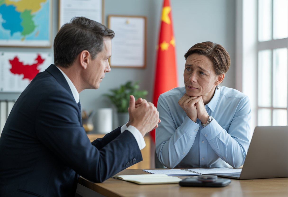 A diplomat speaking with a detained person in an office with a Chinese flag and official documents visible.