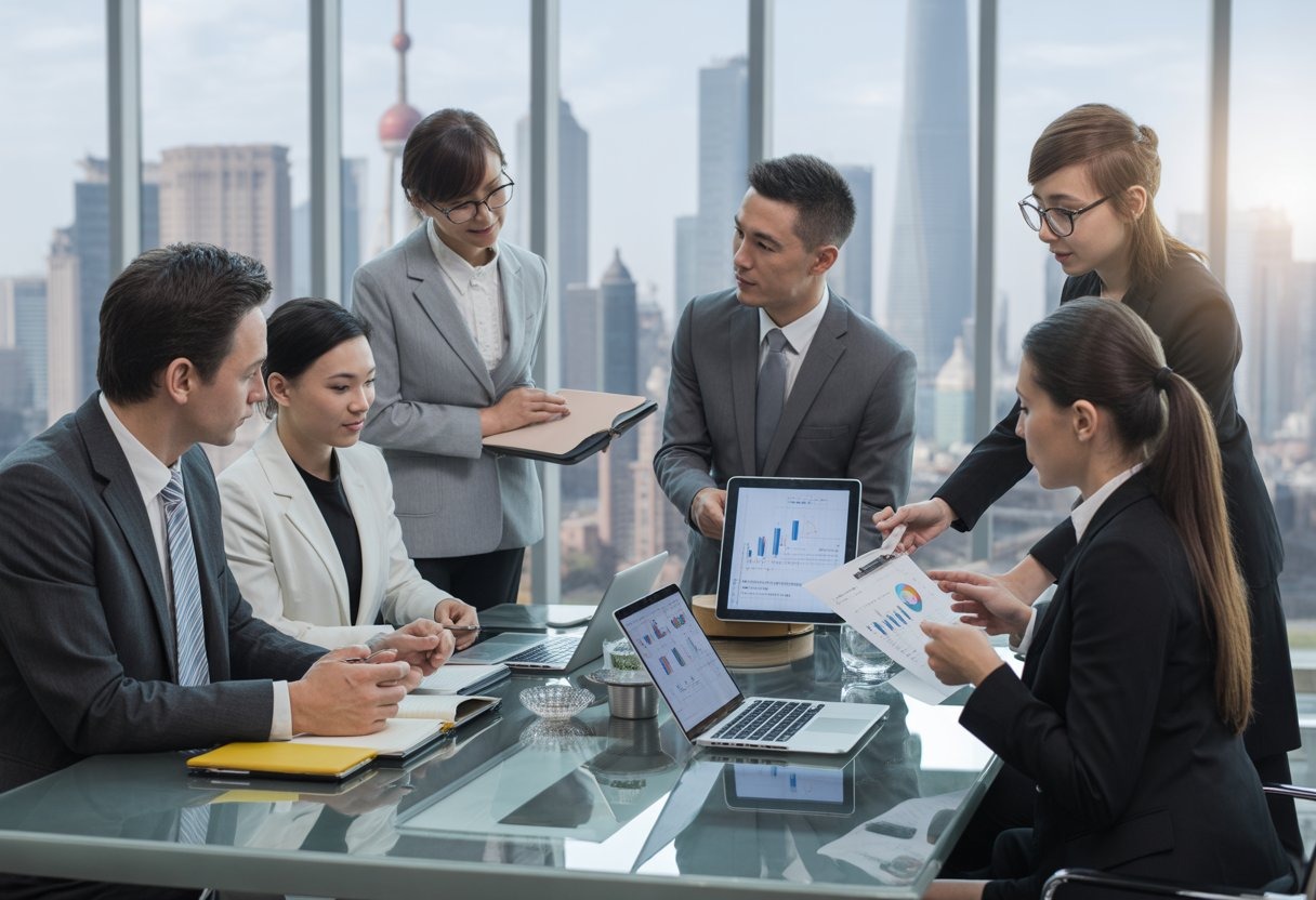 Business professionals in a modern office meeting, reviewing documents and digital devices with a cityscape featuring Chinese buildings visible through large windows.