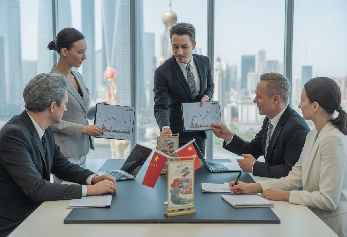 Business professionals having a meeting in a modern office with a city skyline featuring Chinese architecture visible through large windows.