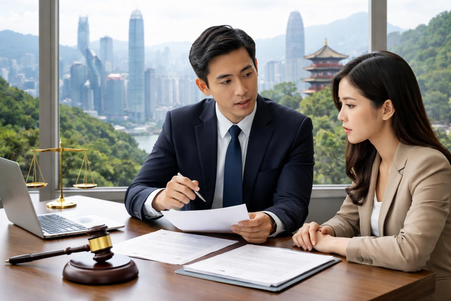 A lawyer and client discussing legal documents in an office with a cityscape showing buildings from Hong Kong and mainland China in the background.