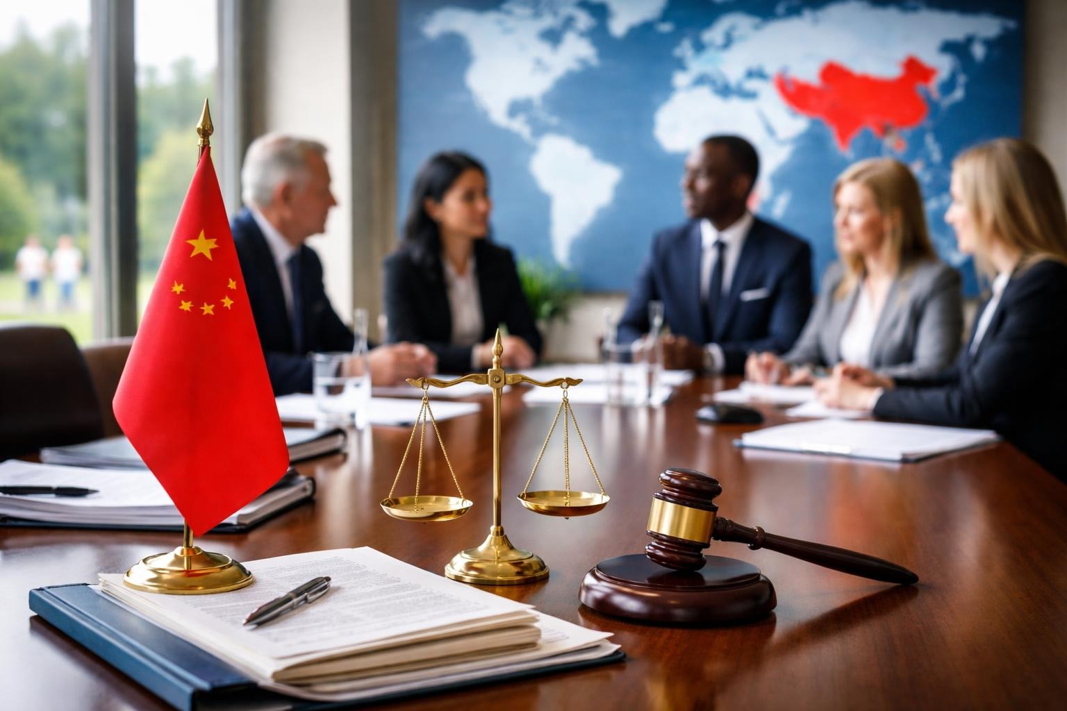 A conference room with a world map highlighting China, legal documents, a gavel, and professionals discussing international child protection.