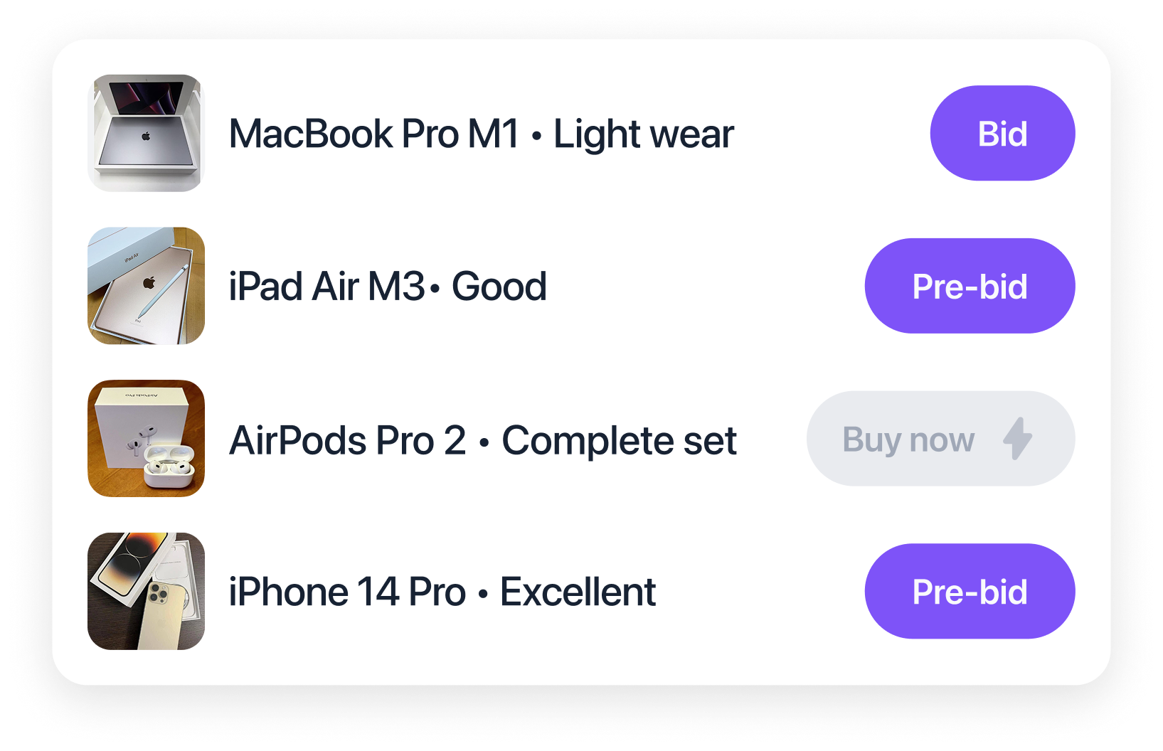 List of Apple devices with condition and action buttons: MacBook Pro M1 with light wear and Bid button, iPad Air M3 in good condition with Pre-bid button, AirPods Pro 2 complete set with disabled Buy now button, and iPhone 14 Pro in excellent condition with Pre-bid button.