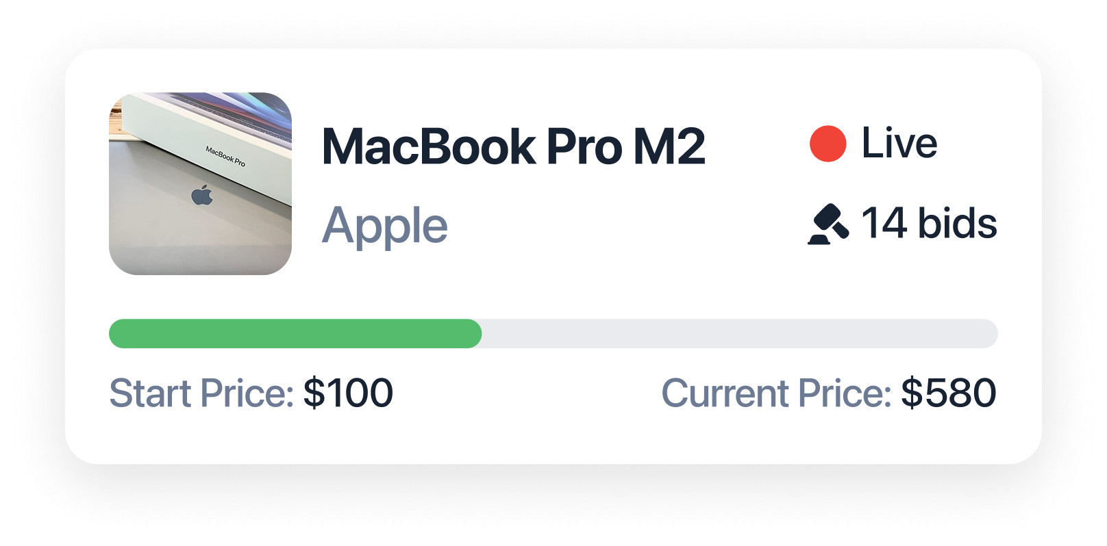 Live auction for MacBook Pro M2 by Apple with 14 bids, starting price $100, current price $580, and progress bar showing bid status.