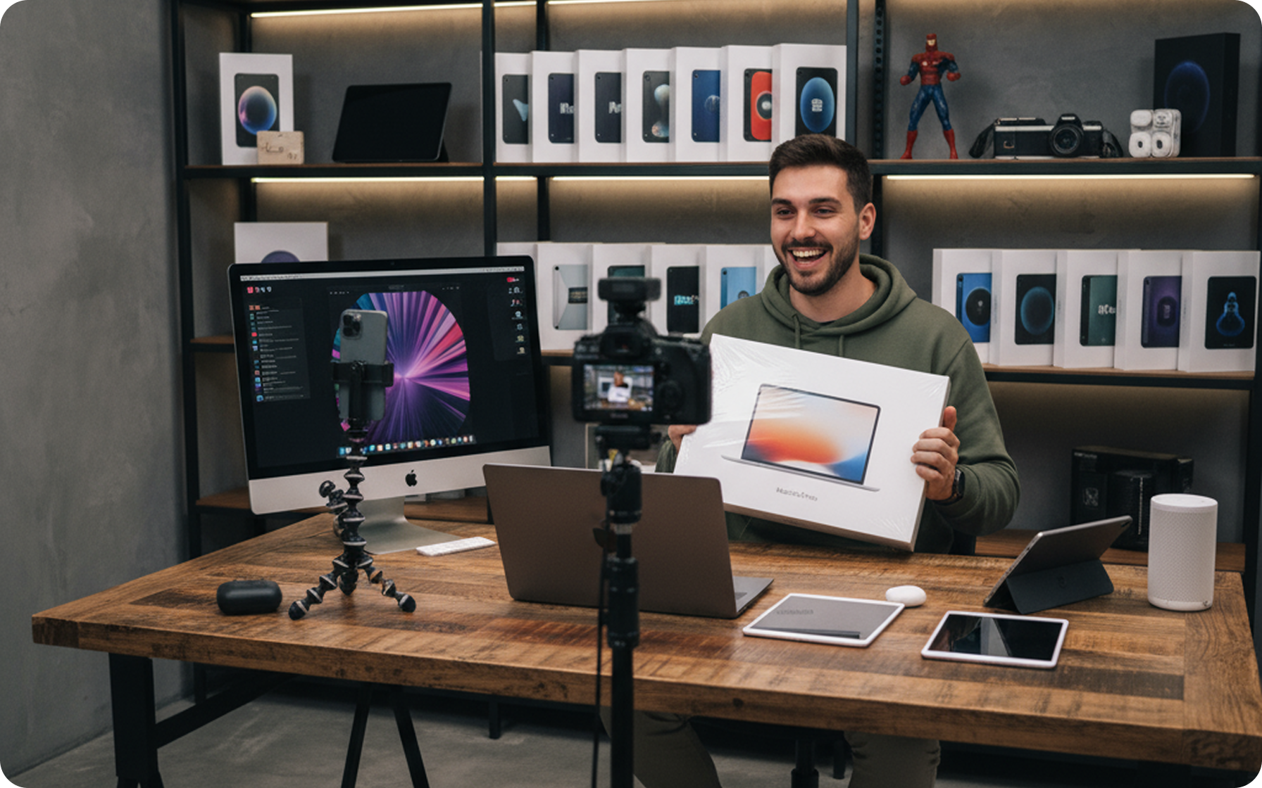 Man in a green hoodie smiling and holding a boxed MacBook Air while recording a tech review video with camera and smartphone on tripods on a wooden desk.