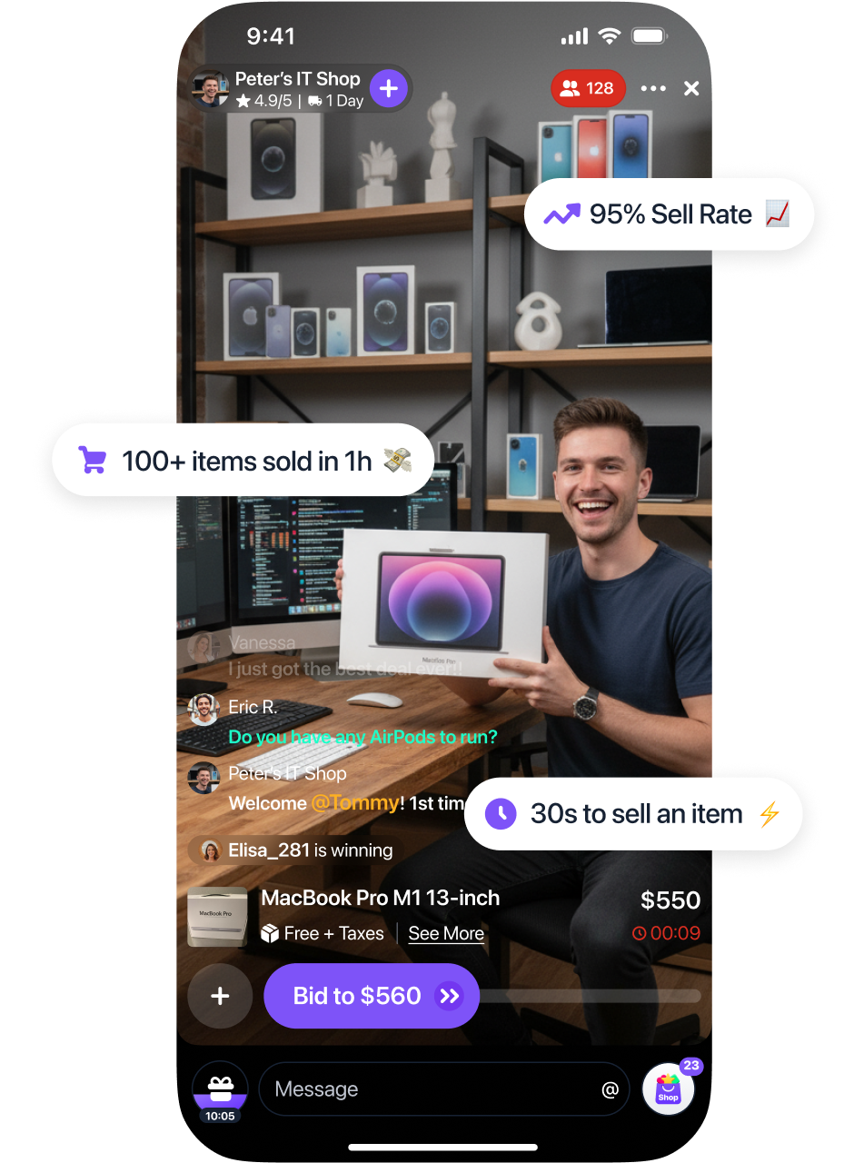 Man smiling while holding a boxed MacBook Pro in a tech store with iPhone boxes on shelves and live auction stats overlay showing sell rate, items sold, and bid details.