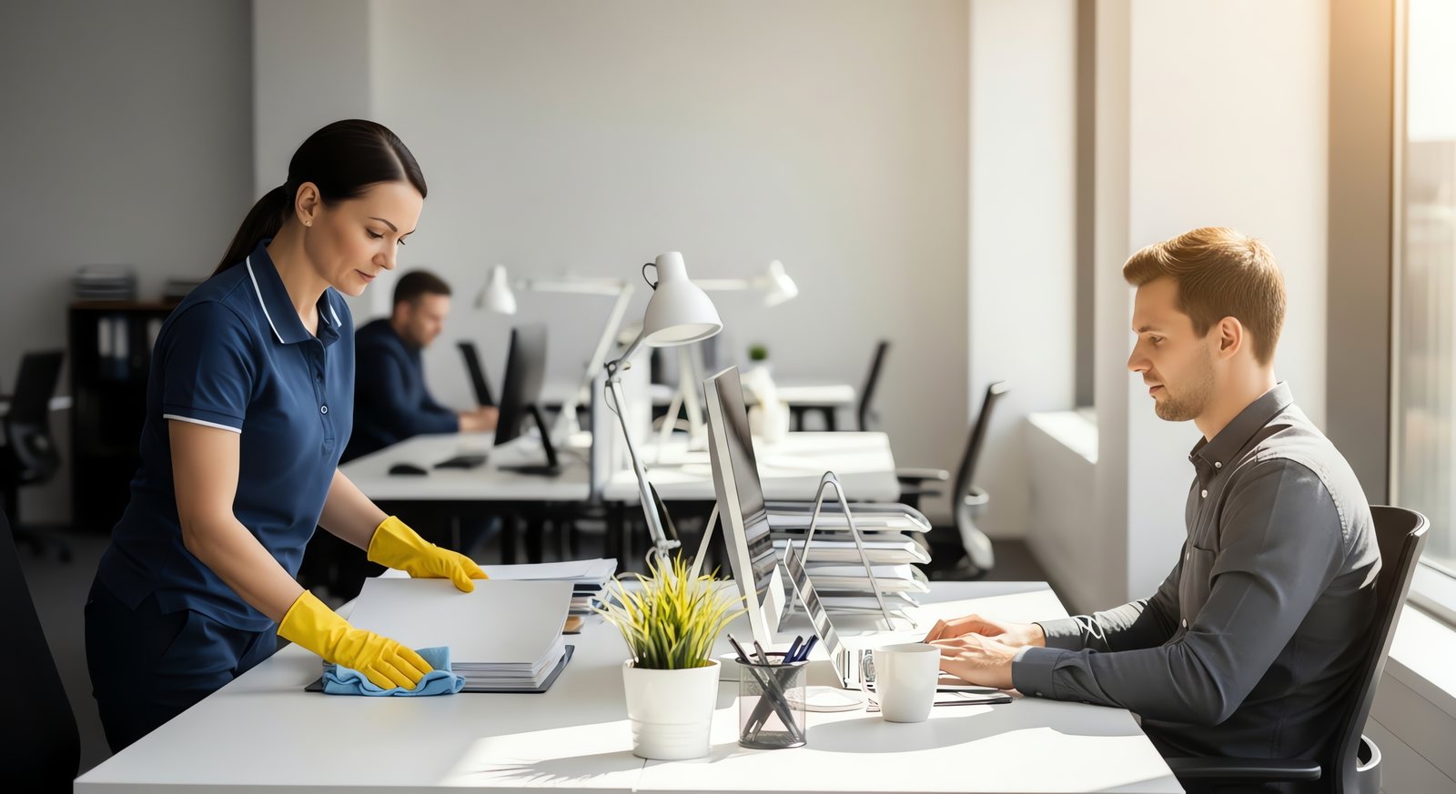 Professional cleaner wiping a desk in a modern Austin office