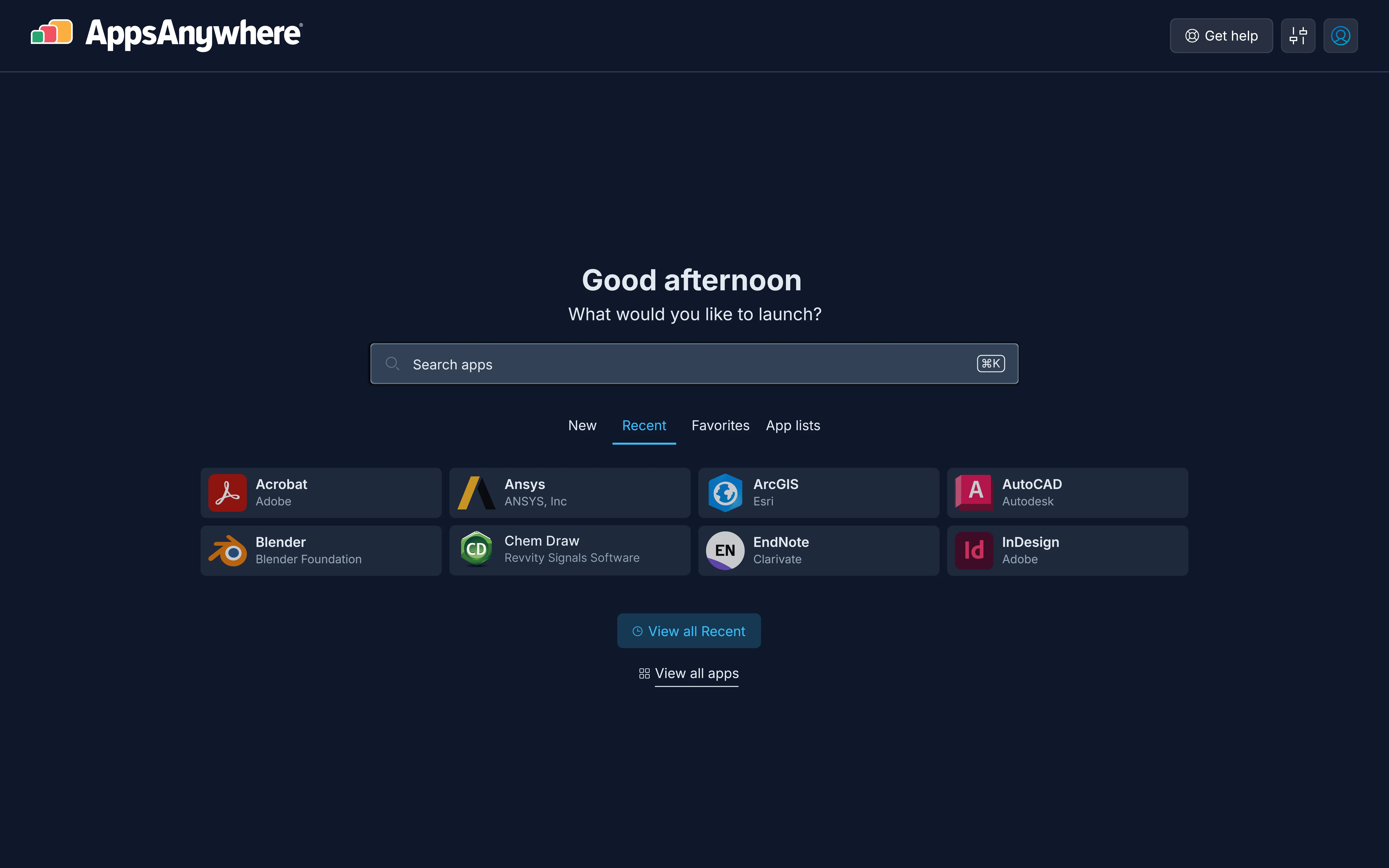 AppsAnywhere Dashboard with multiple apps to launch with a search bar.