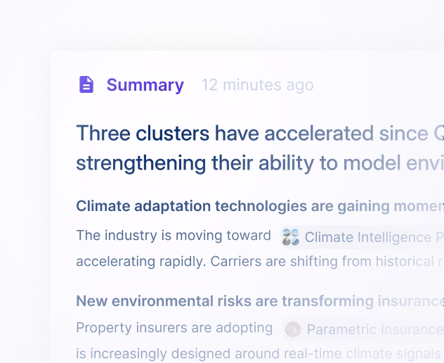 Summary text highlighting the acceleration of three clusters enhancing their ability to model environmental risks, focusing on climate adaptation technologies and new environmental risks transforming insurance.