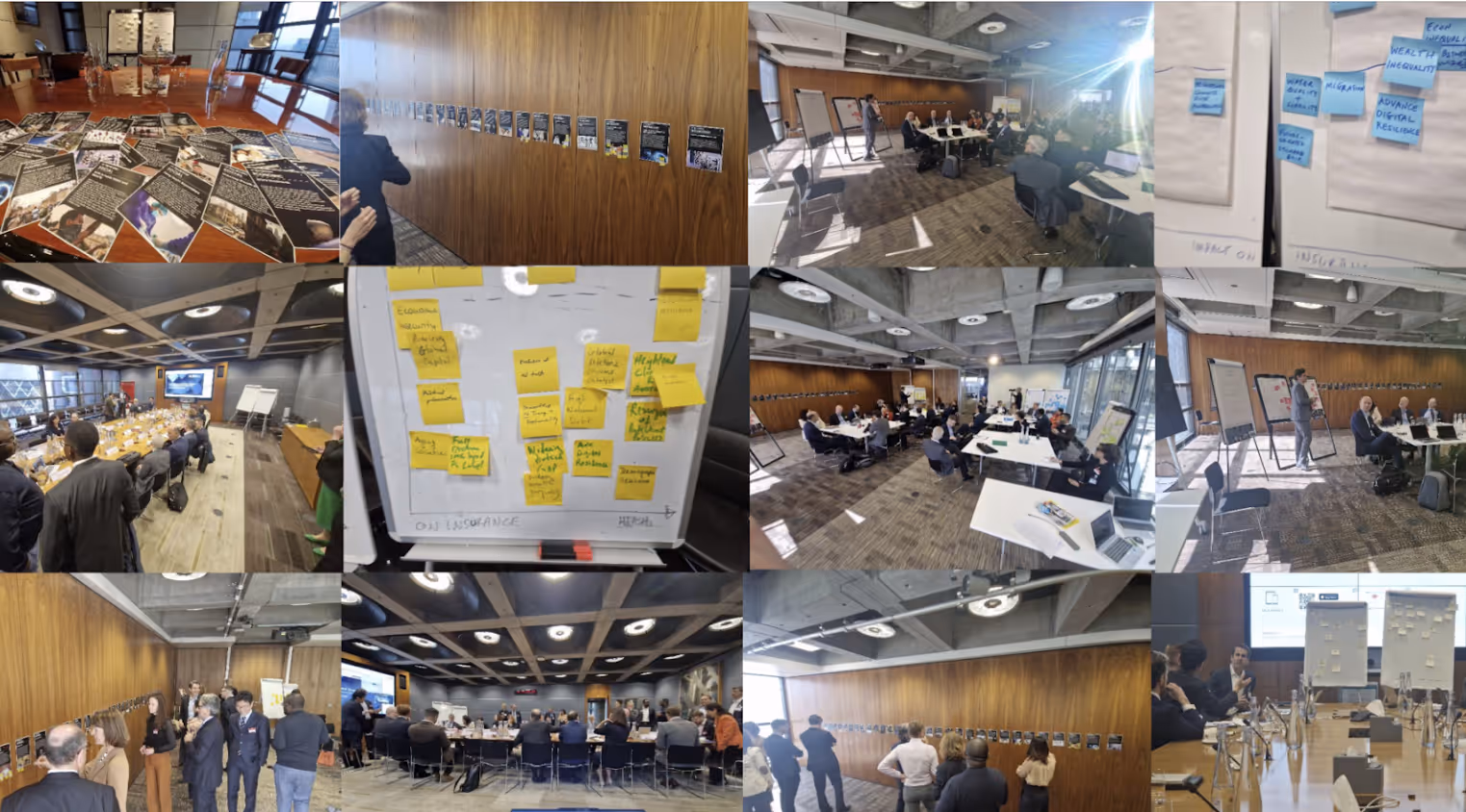 Collage of photos showing insurance executives engaging in foresight exercises, blind spot mapping, and collaborative strategy discussions at the Geneva Association workshop.