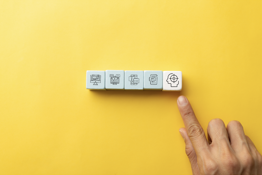 Sequential icon cubes representing a structured innovation workflow