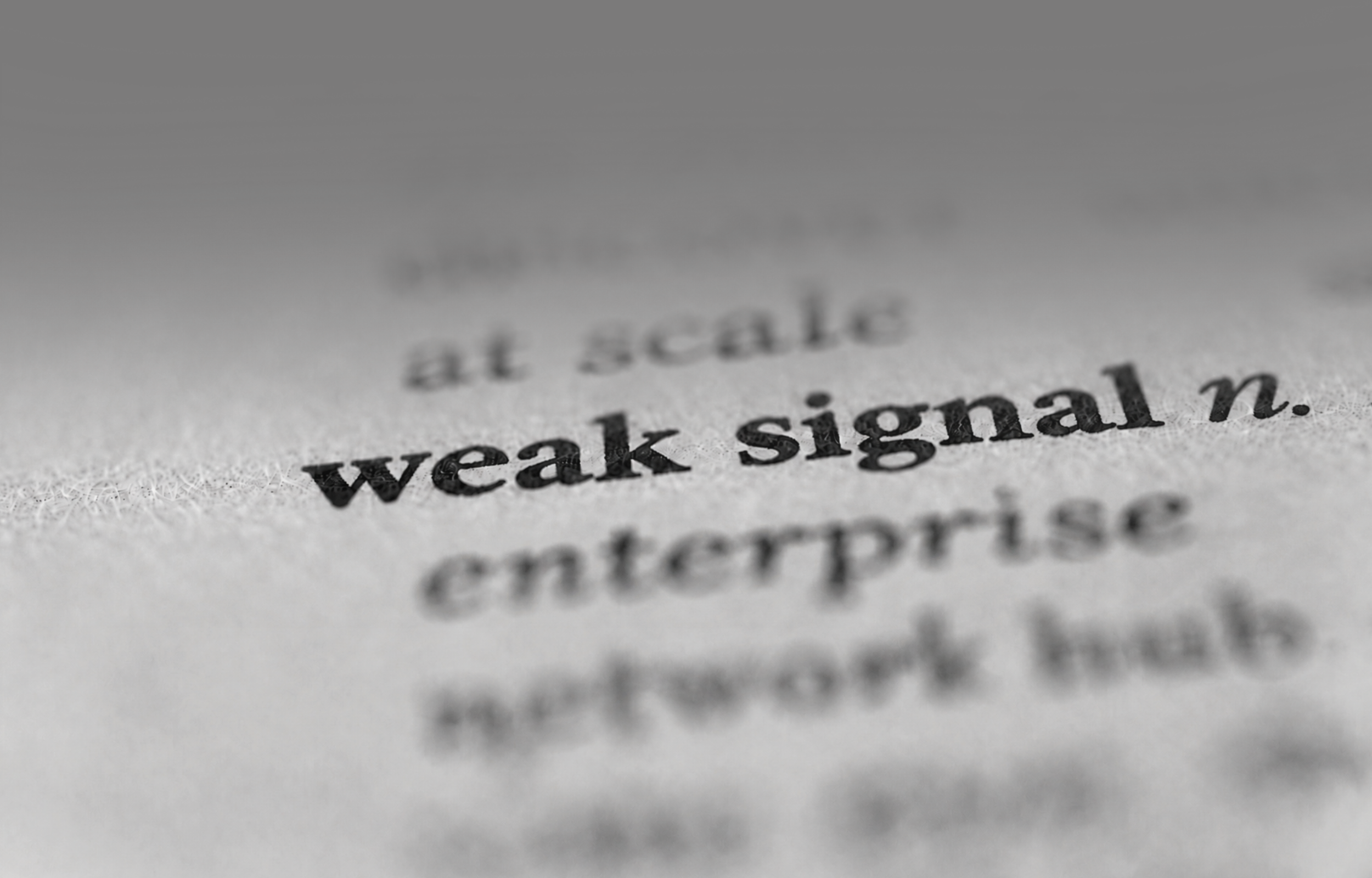 Close-up of a dictionary page with the entry ‘weak signal’ in sharp focus and the surrounding text blurred.