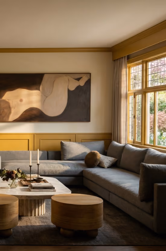 Cozy living room with gray sectional sofa, wooden stools, marble coffee table, and nude art on wall.