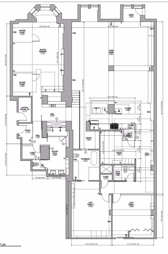 Architectural floor plan showing rooms including master bedroom, closets, living room, kids' rooms, and bathrooms.