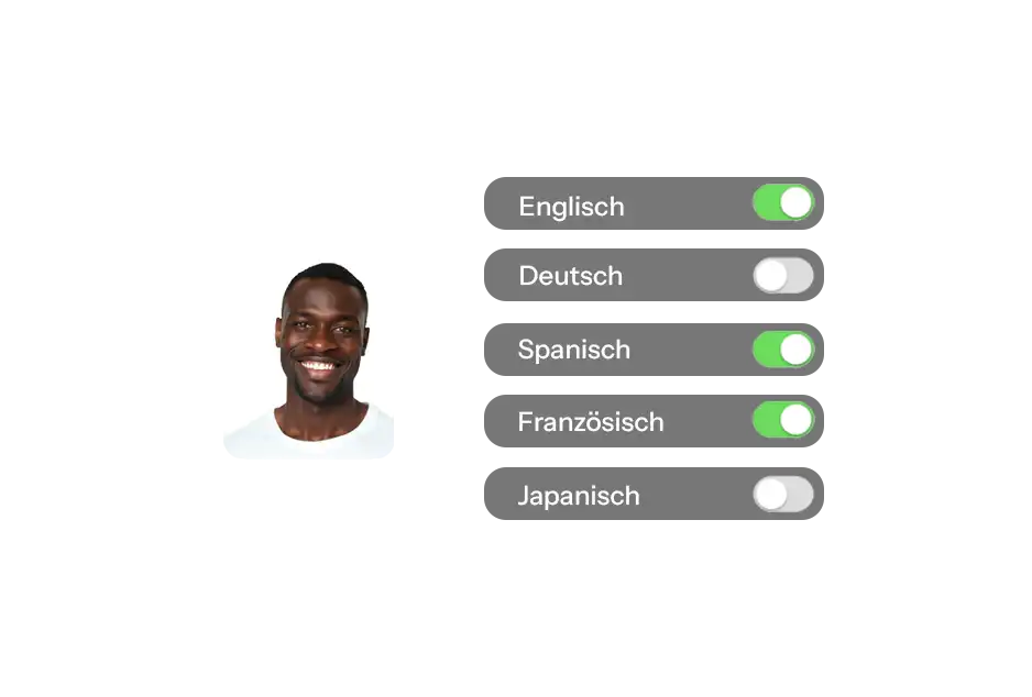 Porträt eines lächelnden Mannes neben einer Liste von Sprachen mit Ein-/Aus-Schaltern, wobei Englisch, Spanisch und Französisch aktiviert und Deutsch und Japanisch deaktiviert sind.